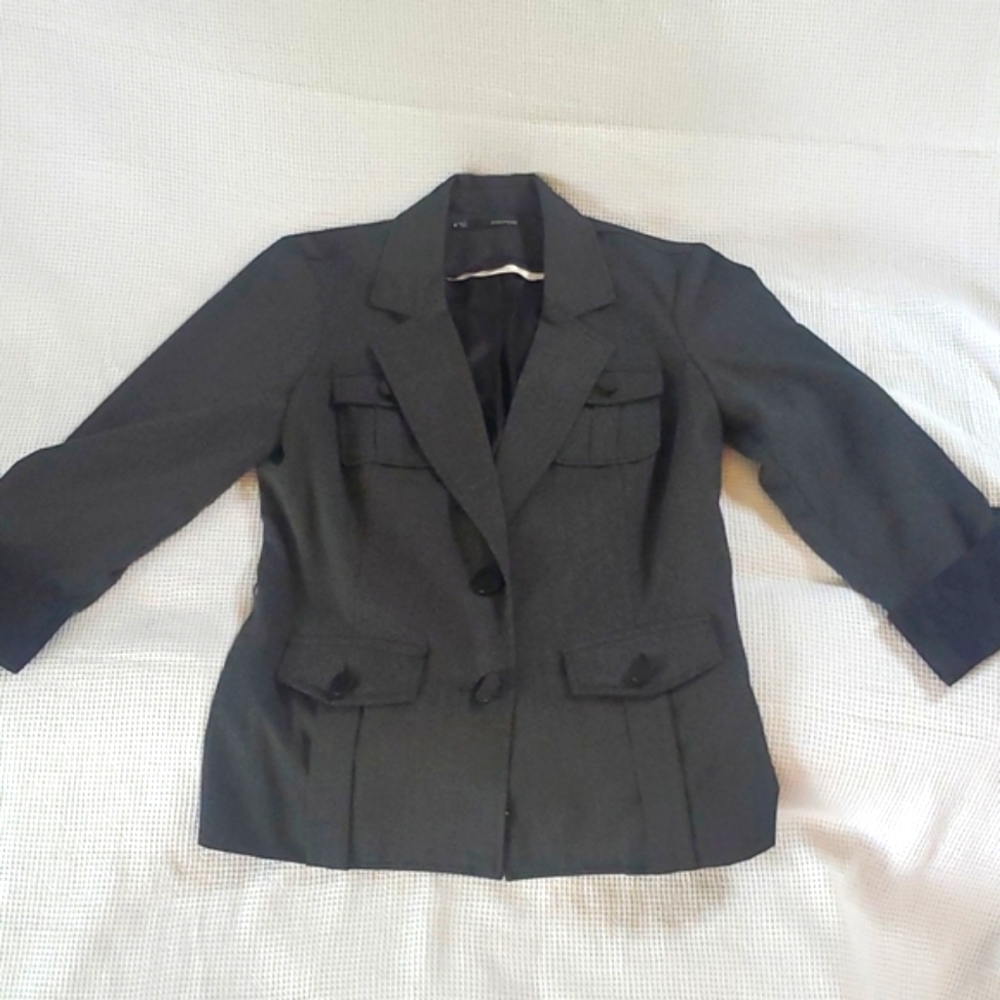 Womens Maurices long gray military jacket blazer with black lace trim sz medium